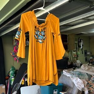 Shyanne Embroidered Off The Shoulder Bell Sleeve Swing Dress